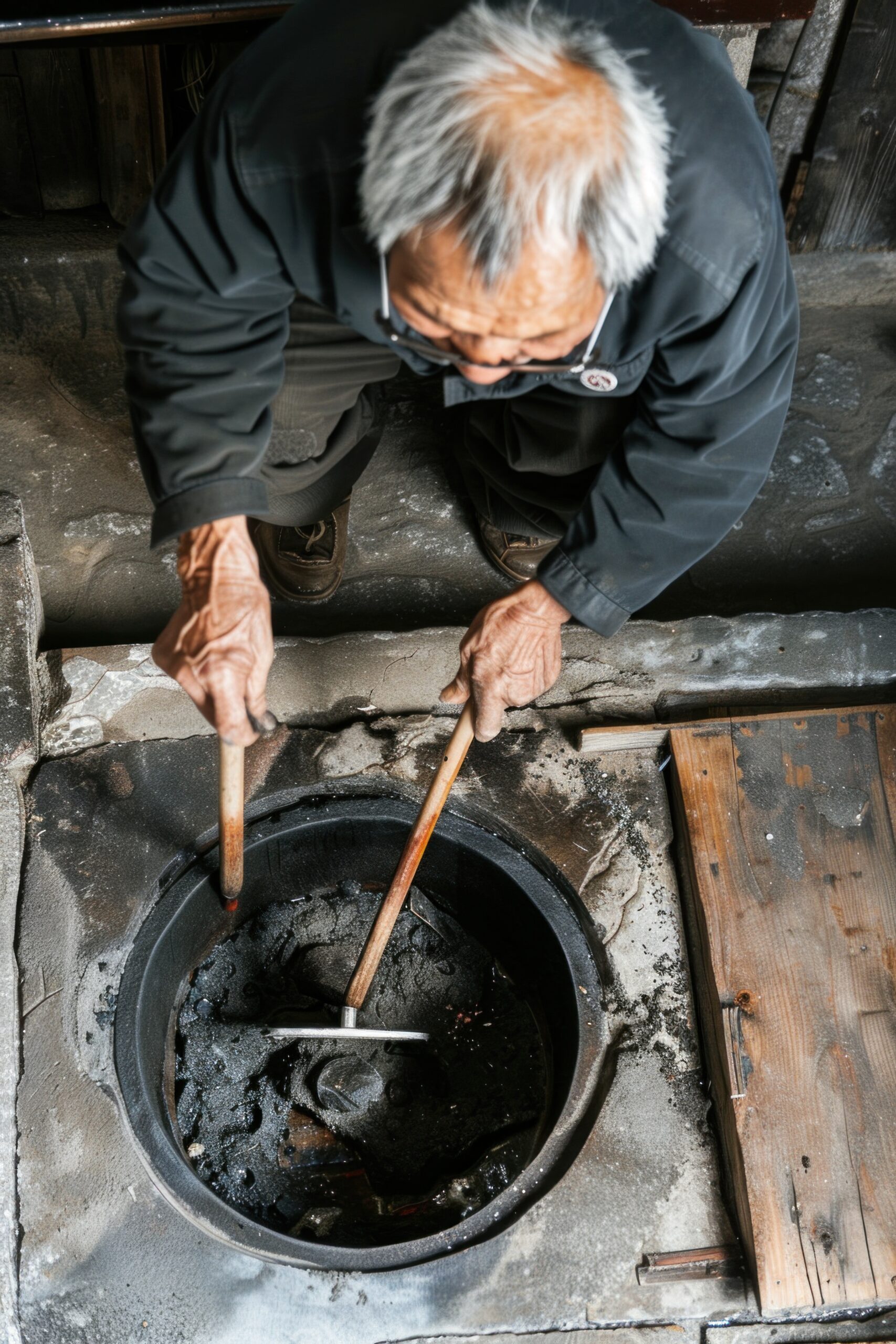 Cleaning the fireplace: Bird's eye view of an elderly Asian man cleaning ashes from a fireplace, highlighting the tools and rustic setting. Perfect image for grabbing attention and for advertising. --chaos 12 --ar 2:3 --style raw --stylize 50 Job ID: 4ae8970f-164f-4f38-b651-6daba44bb7b7