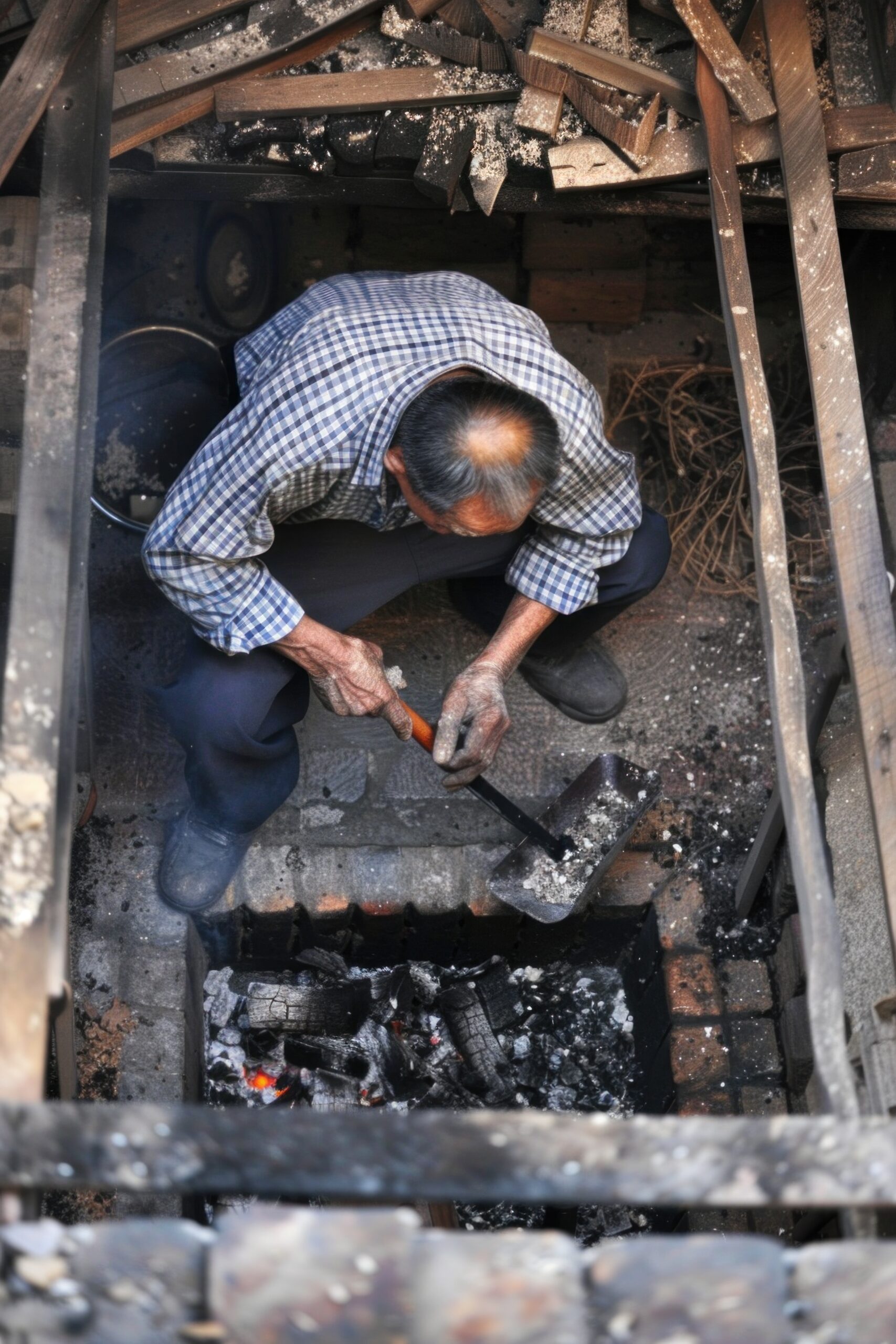Cleaning the fireplace: Bird's eye view of an elderly Asian man cleaning ashes from a fireplace, highlighting the tools and rustic setting. Perfect image for grabbing attention and for advertising. --chaos 12 --ar 2:3 --style raw --stylize 50 Job ID: 9ed19c8a-2404-460c-adc9-c4b9e7ab5836